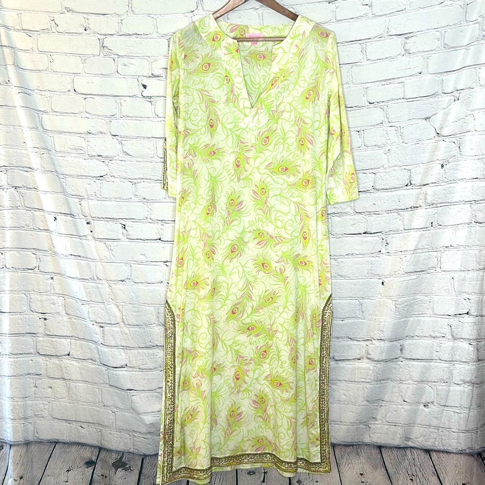 Lilly Pulitzer Green Pink Feather Beaded Caftan Tunic Maxi Dress Size Medium